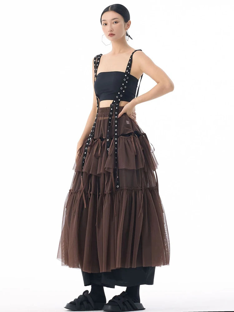 Midi Skirt - High Elastic Waist - Cotton Polyester - Coffee | KIMLUD
