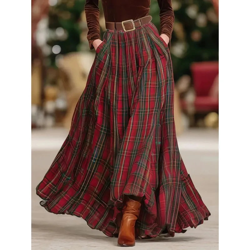 KIMLUD, Women's Red Plaid High Waist Skirt with Belt/Lined 2026 New A-line Vintage Pockets Christmas Party Elegant Long Skirts 195448, KIMLUD Womens Clothes