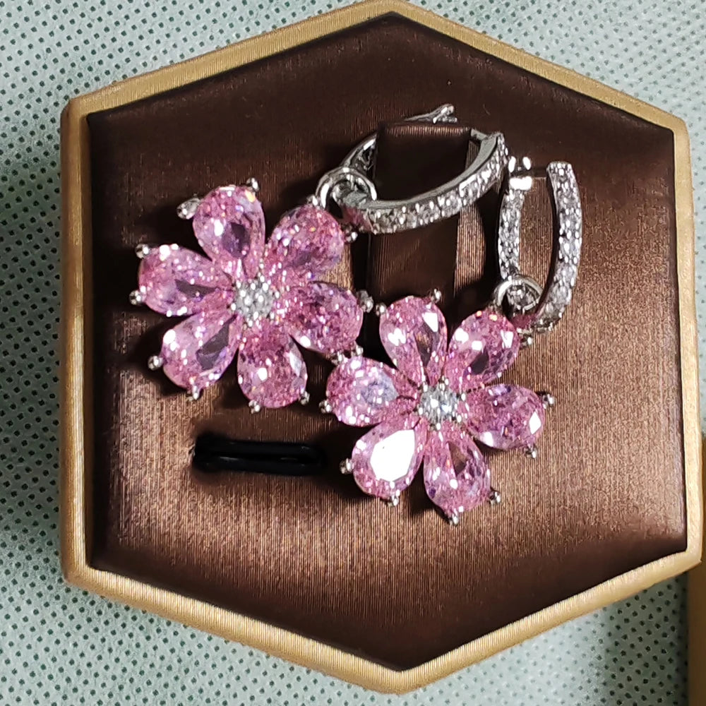Sterling Silver Flower Zircon Drop Earrings — Pink | KIMLUD