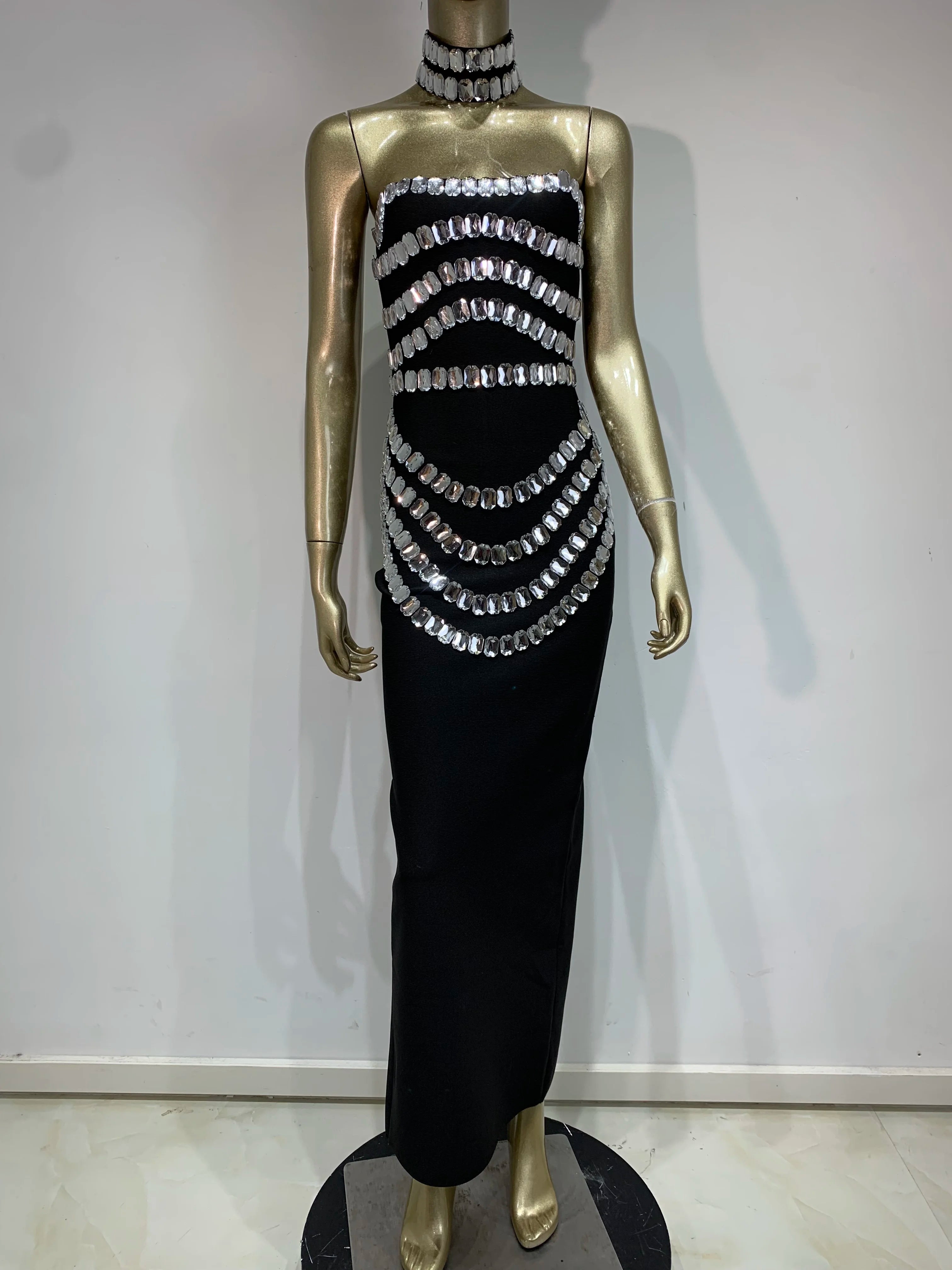 Brand New Ins 2025 Women Black Strapless Crystal Bandage Bodycon Dress Designer Collar Elegant Evening Party Dress Vestido