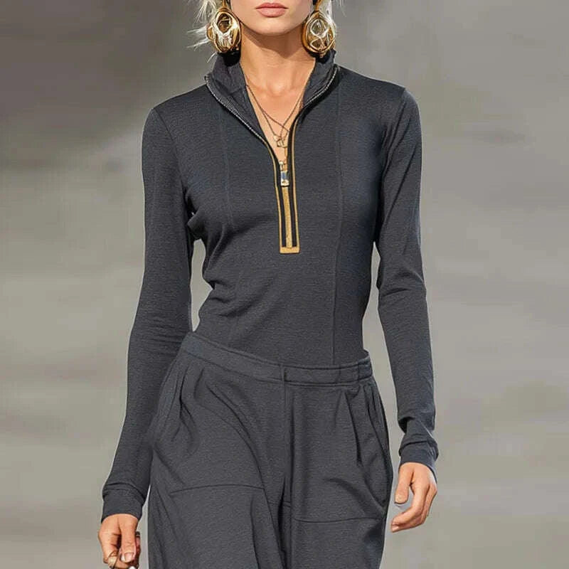 KIMLUD, Retro Solid Zipper Hooded Top Pullover+High Waist Pants Outfit Woman Sexy Stand Collar Overalls Suit Chic Long Sleeve Autumn Set, KIMLUD Womens Clothes