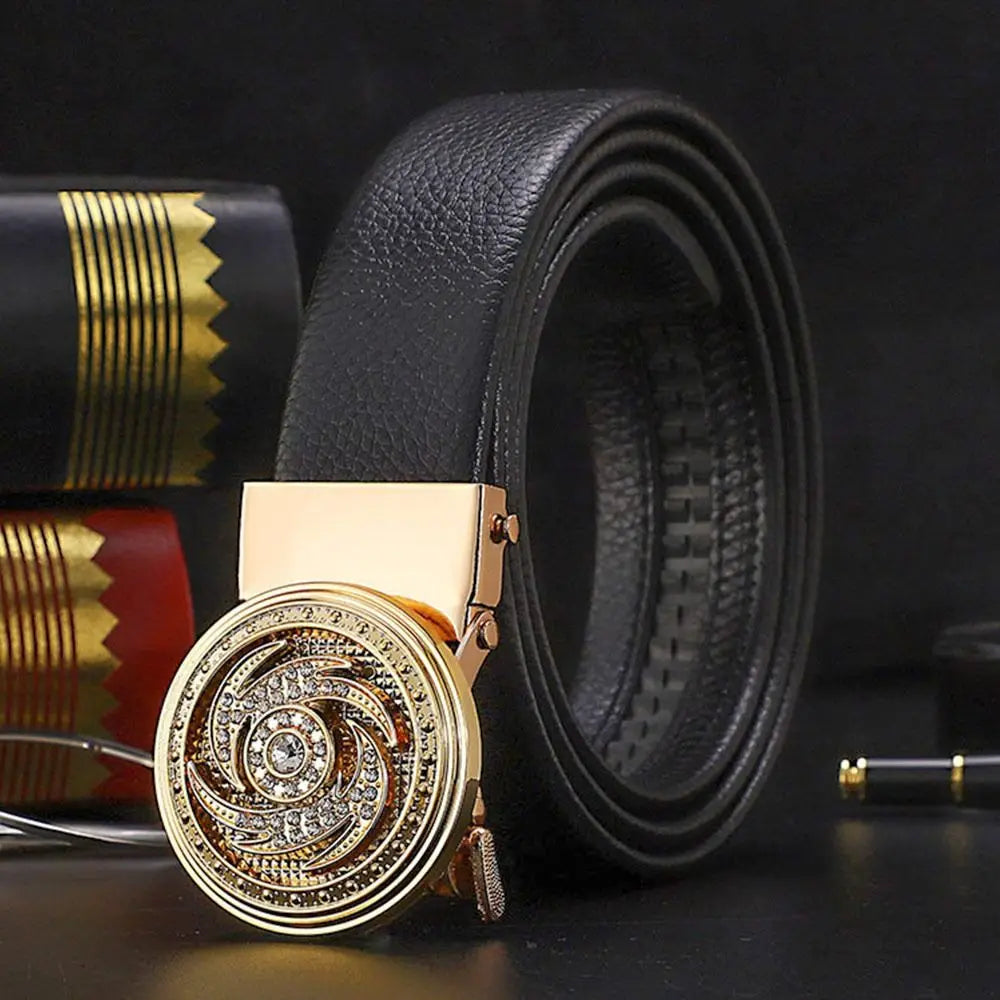 Leather Belt Rhinestone Buckle Automatic — Black | KIMLUD