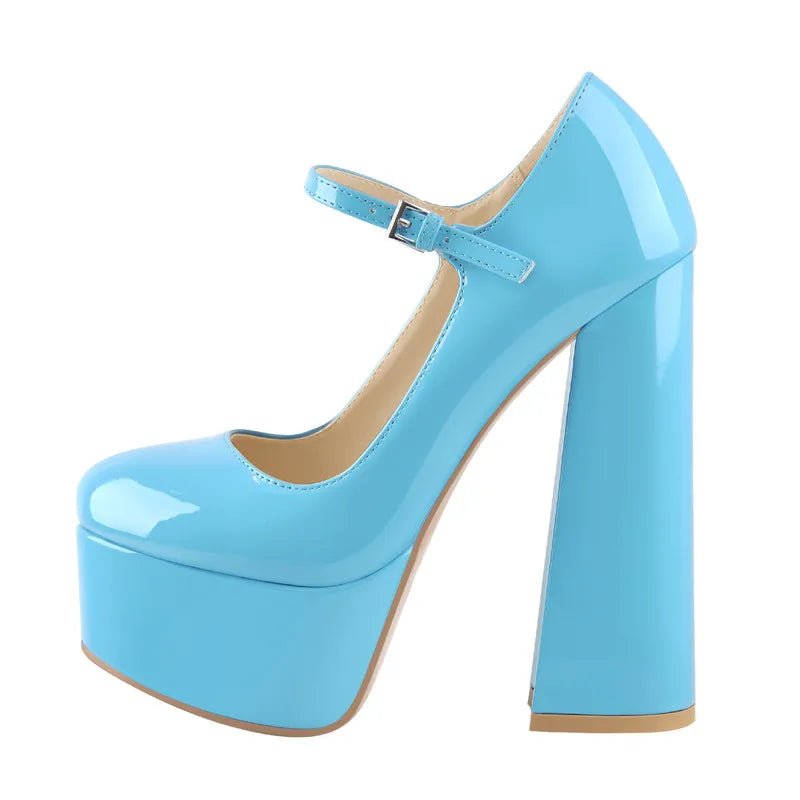 Blue high-heeled platform shoe on a white background