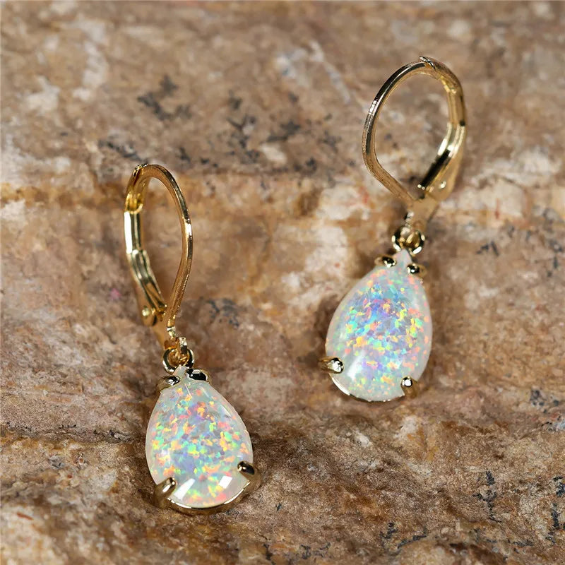 Female White Blue Fire Opal Stone Classic Gold Color Water Drop Earrings Cute Dangle Boho Jewelry For Women