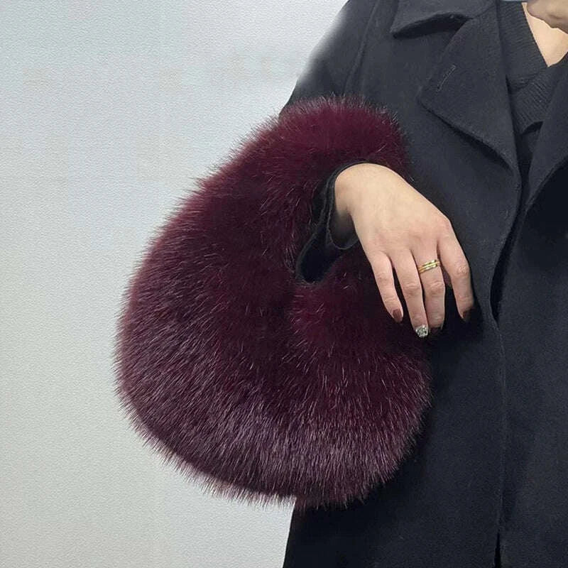 KIMLUD, Fashion Soft Plush Half Moon Bags for Women Designer Fluffy Faux Fur Lady Handbags Luxury Small Tote Female Winter Purses, KIMLUD Womens Clothes