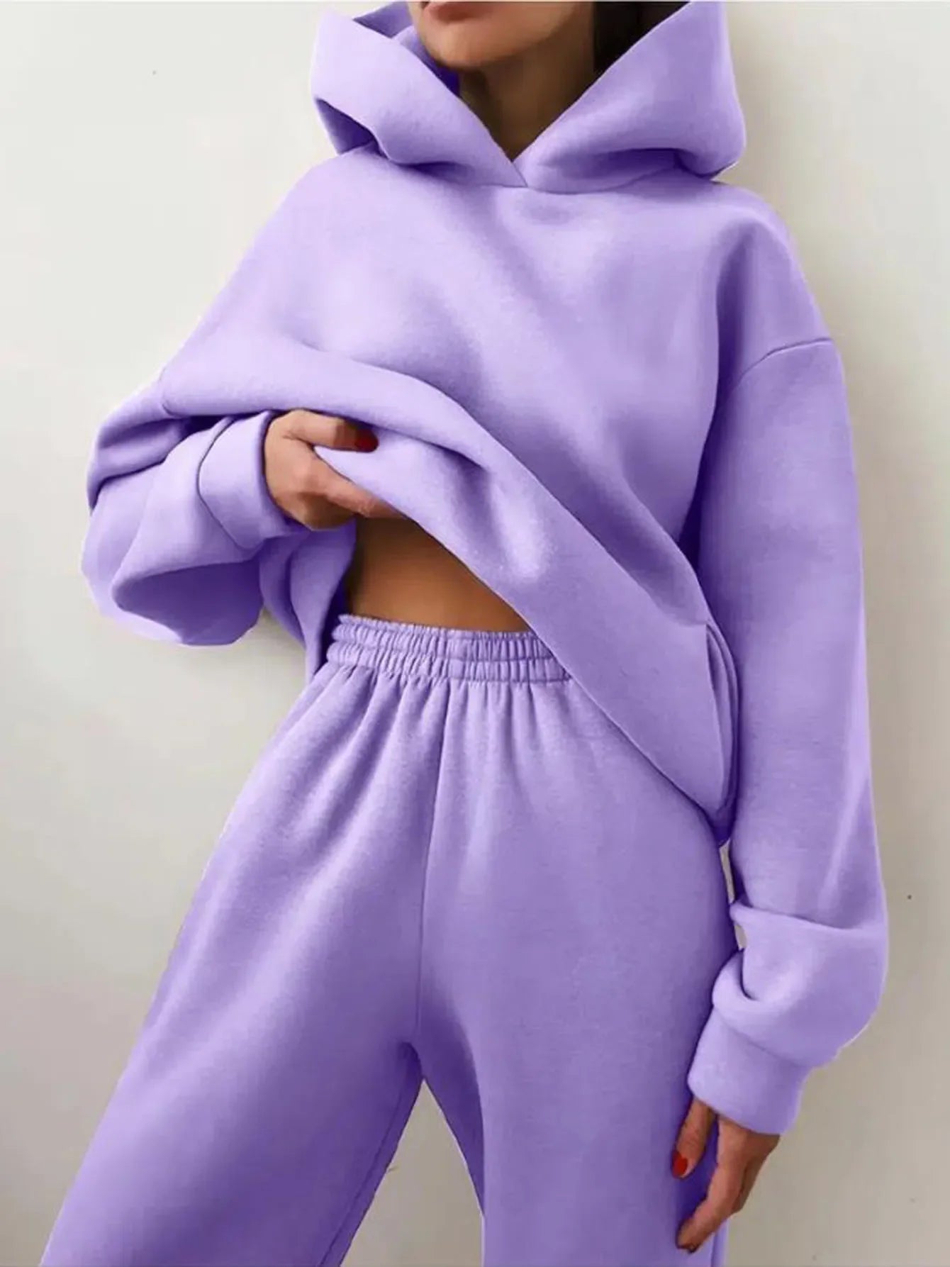 Fleece Tracksuit Two-Piece Hooded Set — Black | KIMLUD