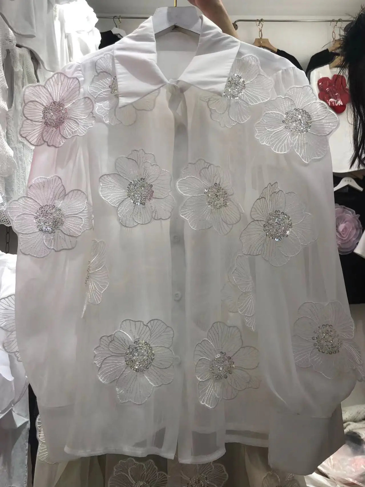 Long Sleeve Sequin Petal Applique Blouse – Acetate – White Beige | KIMLUD