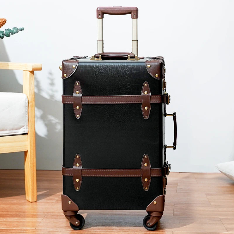 Classic Retro Suitcase 20/24/26inch PP+PC Travel Suitcase Large Capacity Handmade Leather Suitcase Travel Set with Makeup Case