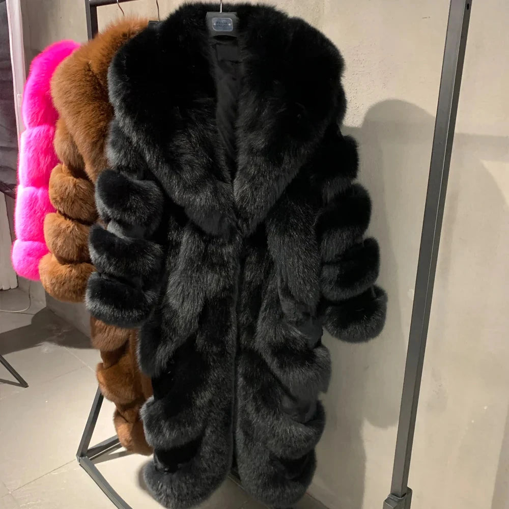 High End Customization Diagonal Stripe Fur Jacket Extra Long Floor Full Length Luxury Silver Fox Fur Coat with Big Collar