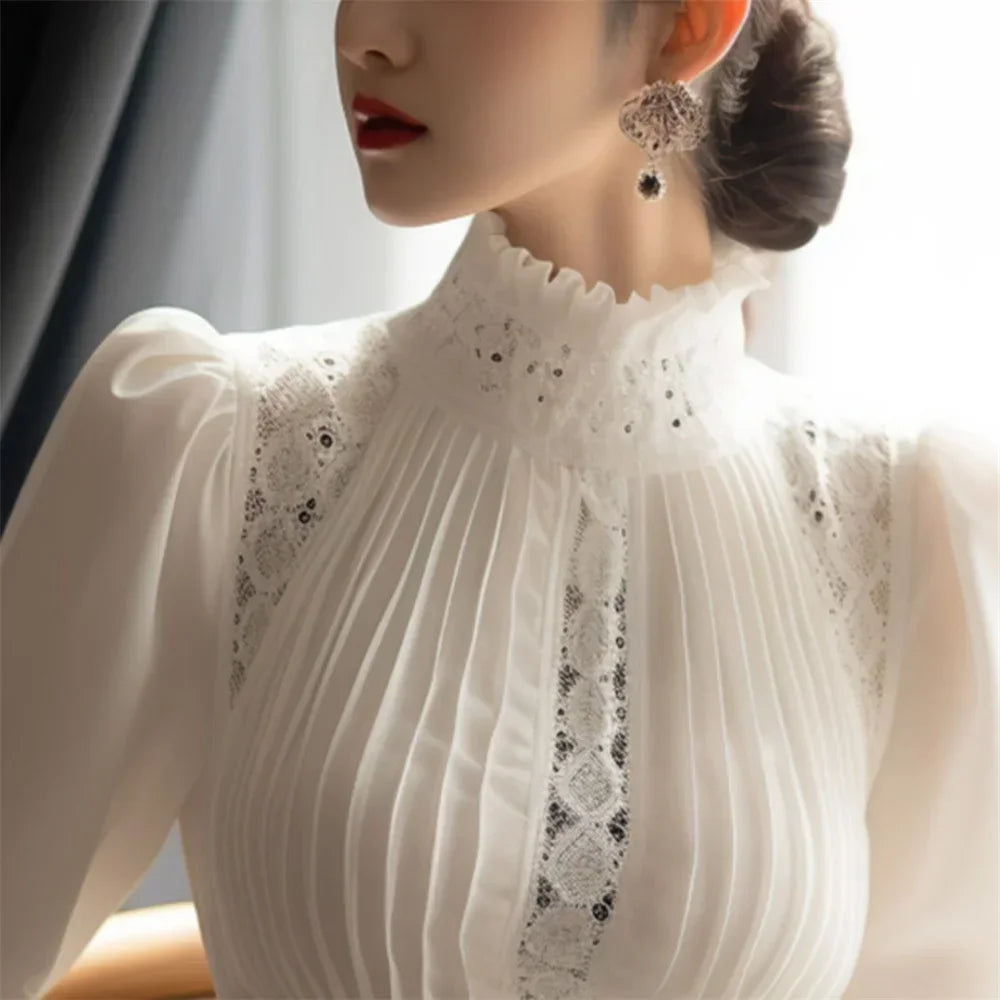 2024 Spring Ladies Patchwork Lace Hollow Out Long Sleeve Shirt Tops New Korean Fashion Women's Solid Color Stand Collar Blouses