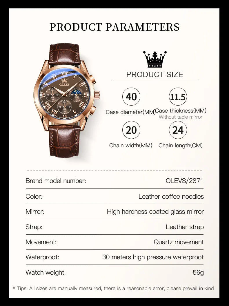 Rose-Gold Chronograph Moon Phase Watch Leather Strap — Black | KIMLUD