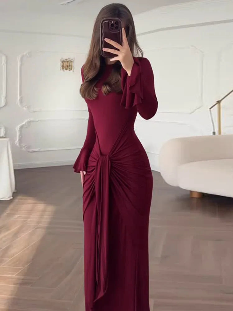 Mozision Flare Long Sleeve Draped Sexy Maxi Dress Women Gown Elegant O Neck High Waist Bodycon Club Party Long Dresses Female