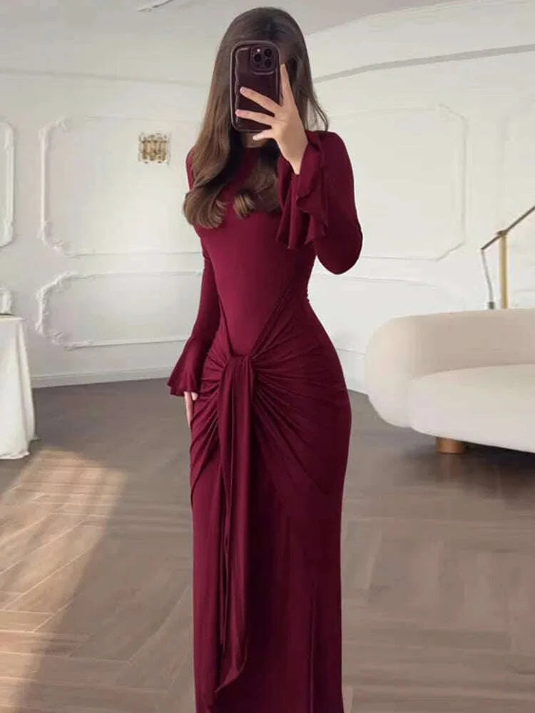 KIMLUD, Mozision Flare Long Sleeve Draped Sexy Maxi Dress Women Gown Elegant O Neck High Waist Bodycon Club Party Long Dresses Female, KIMLUD Womens Clothes
