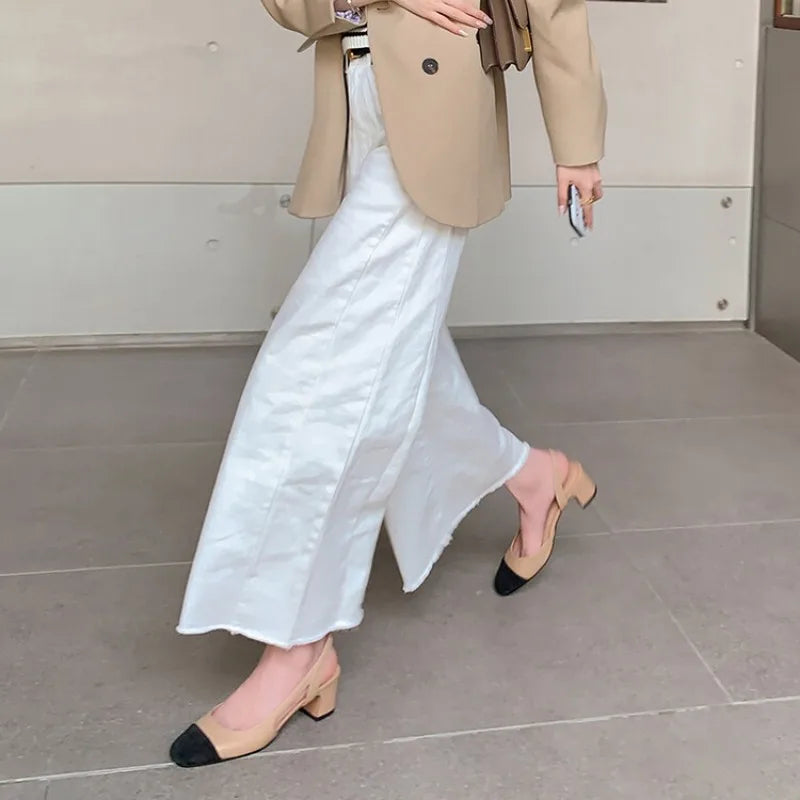 2025 Summer Genuine Leather Sandals for Women Silver Nude Medium Heels Summer Shoe Two-Tone Block Heeled Pumps Lady Office Party