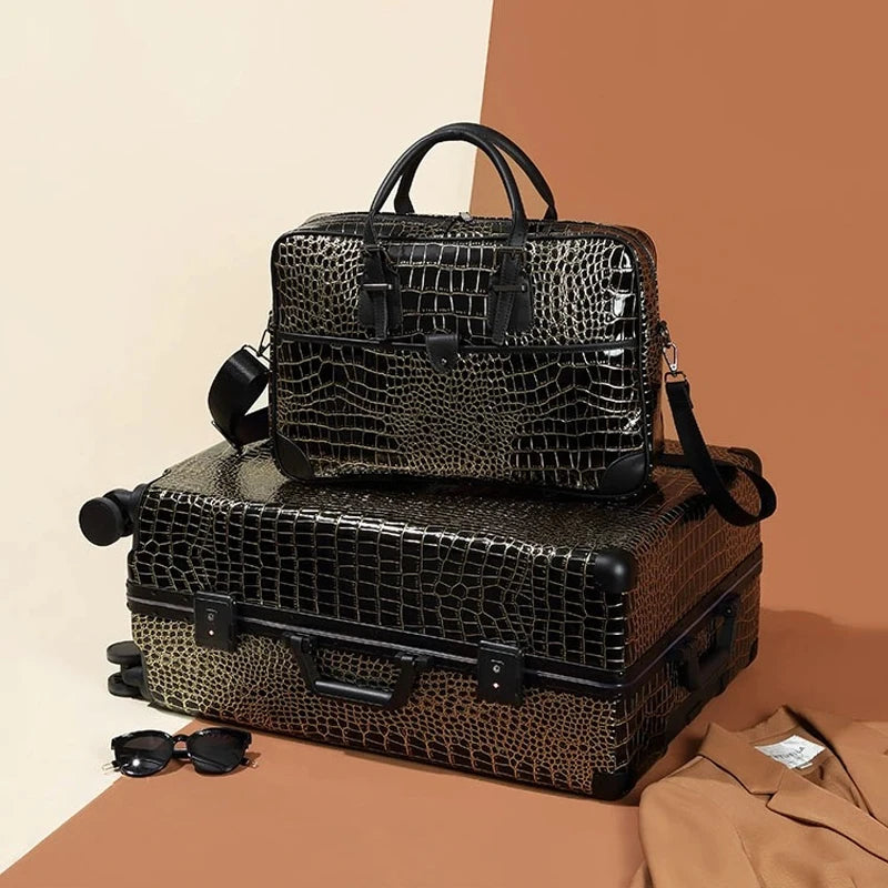 Aluminum Frame Crocodile Print Luggage Set — Black | KIMLUD