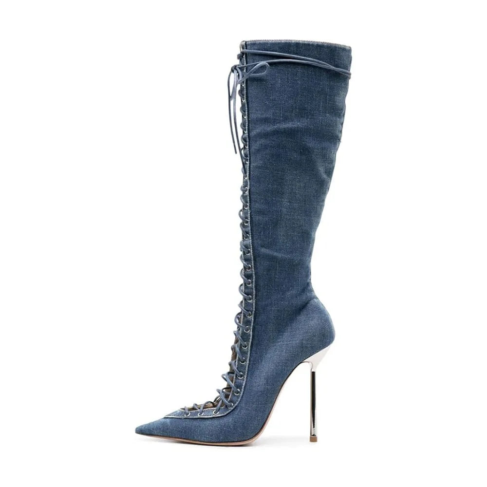 Mesh Leopard Cross Tie Knee-High Boots — Gray | KIMLUD