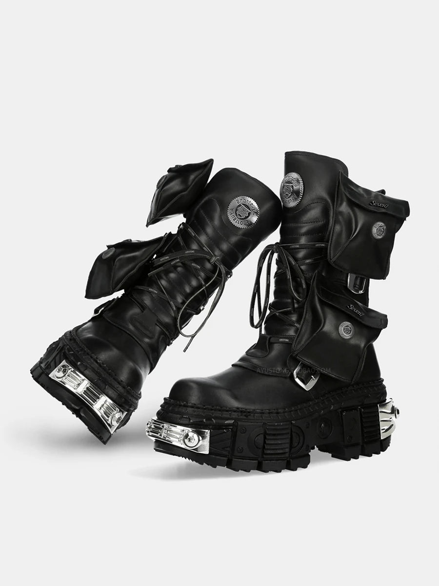 2024 New Punk Women Platform Ankle Boots Female's Rock Round Toe Lace Up Fashion Retro Chunky Shoes Metal Decor Short Boots