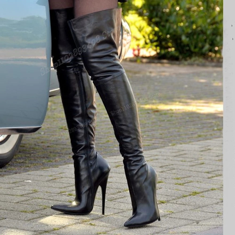 Black Matte Leather Over the Knee Boots Pointed Toe Stiletto High Heel Side Zipper Women Shoes 2024 Sexy Zapatos Para Mujere