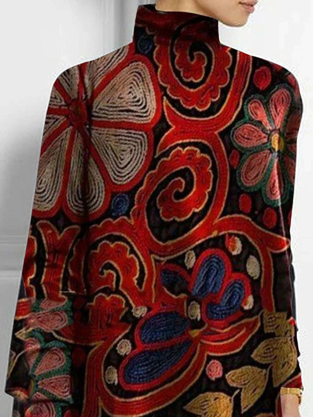 KIMLUD, Women's Plus Size Irregular Hem Blouse Autumn Winter Fashion Retro Long Sleeve T-Shirt Turtleneck Casual Loose Asymmetrical Top, KIMLUD Womens Clothes