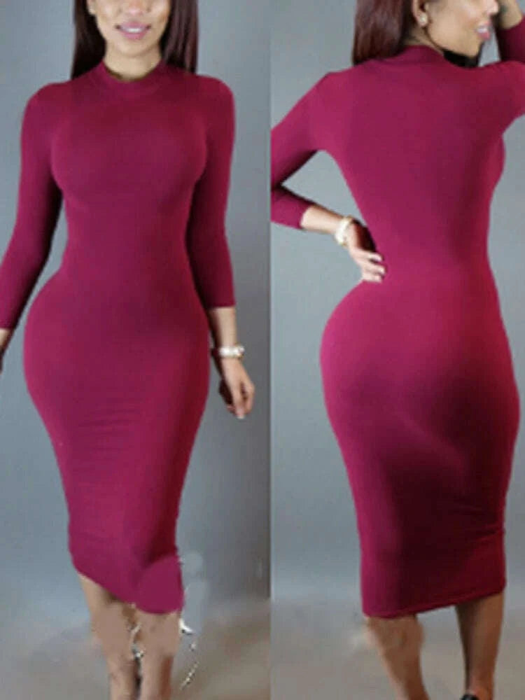 KIMLUD, Sexy Solid Color Elastic Slim Bodycon Dress Women Long Sleeves Girdling Waist Skinny Dress Elegant Club Party Vestidos, KIMLUD Womens Clothes
