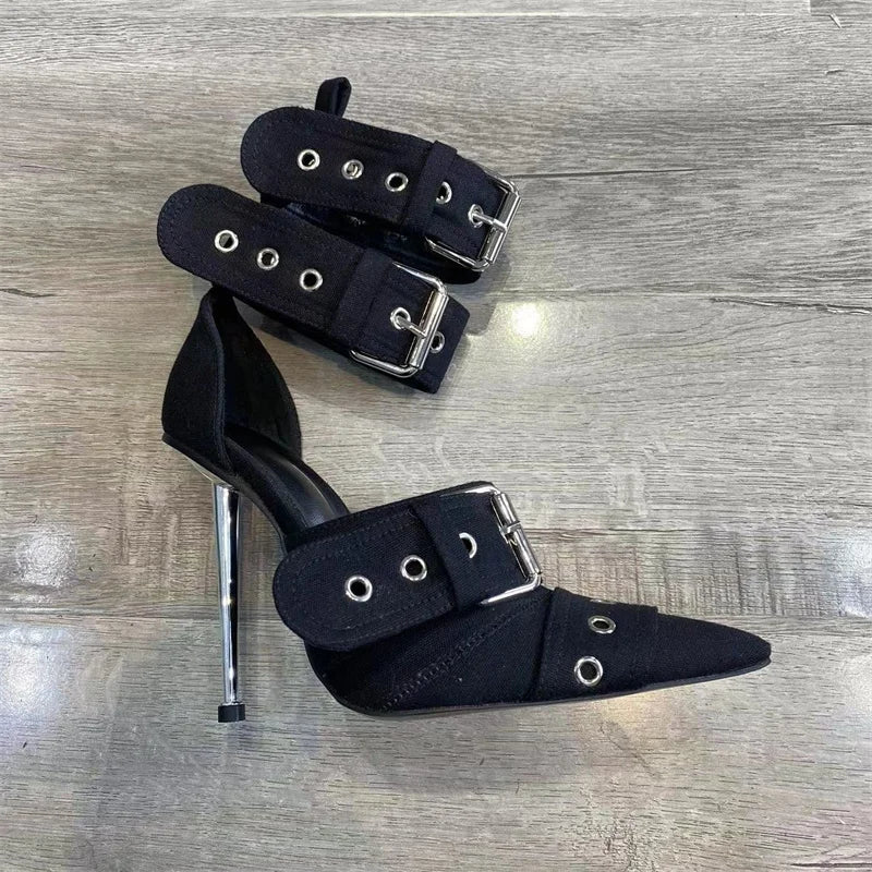 New Women's Denim Metal Rivet Buckle Sandals Women's Sexy Punk Style Pointed Hollow Metal 11cm High Heel Knee High Boots Size43