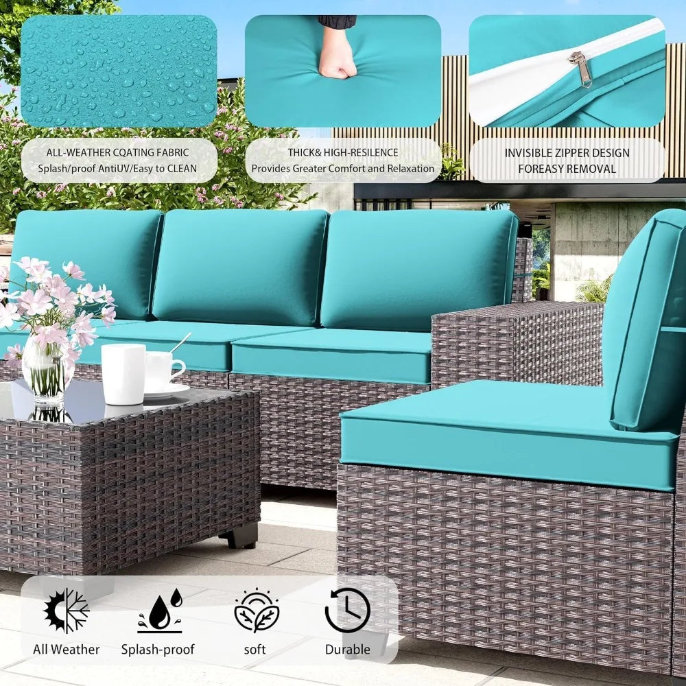 PE Rattan Wicker Outdoor Set Sectional Coffee Table — Turquoise Blue | KIMLUD