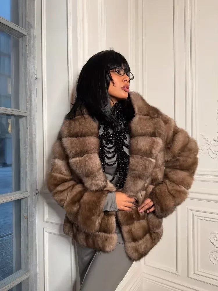 Fashion Patchwork Faux Fur Coat Women Casual Full Sleeve Lapel Loose Long Staple Plush Jacket 2025 New Winter Street Wear New