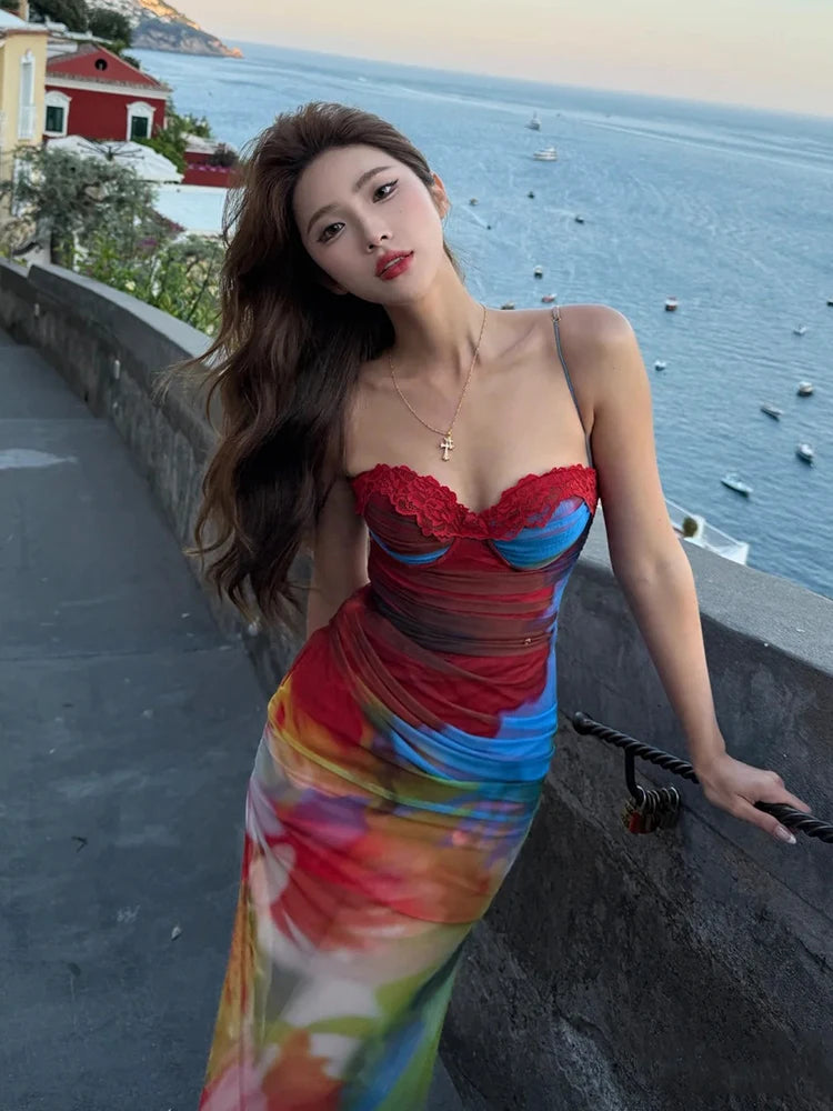 Patchwork Lace Mesh Maxi Dress Low-Neck Sleeveless Backless — Multicolor | KIMLUD