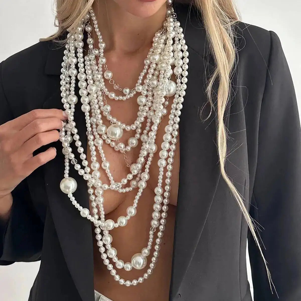 Layered Pearl Choker Necklace – Long Tassel Pendant – Pearl | KIMLUD