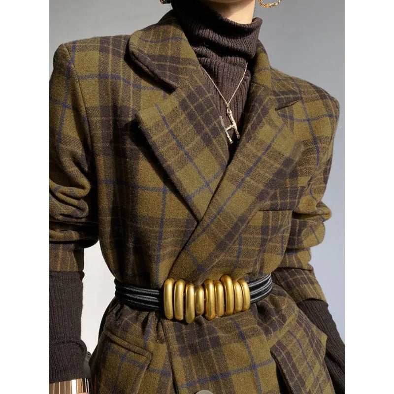 Woolen Blend Jacket Plaid Notch Collar Long Sleeve — Charcoal | KIMLUD