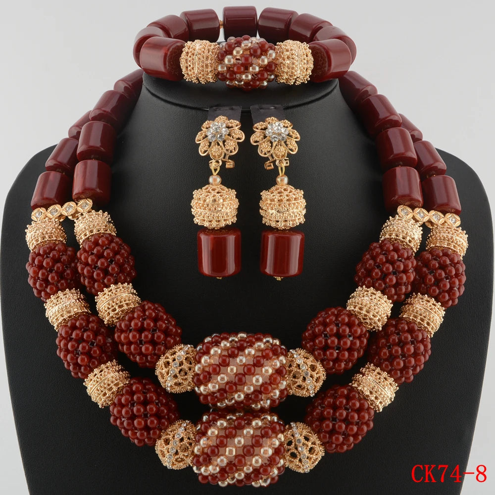 Nigerian Wedding Artificial Coral Beads Jewelry Set Golden Pendant Necklace for Women Nigeria Bridal Costume Necklace Set