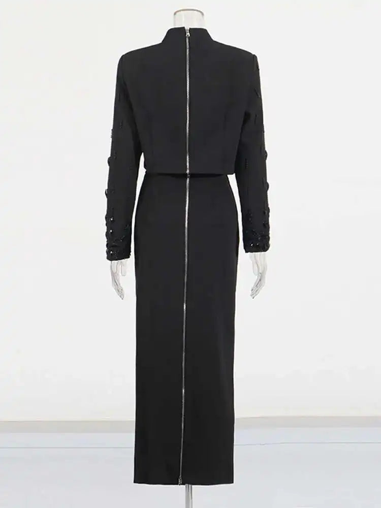 KIMLUD, TWOTWINSTYLE Solid Spliced Diamonds Two Piece Set For Women Stand Collar Long Sleeve Tops High Waist A Line Skirt Set Female New, KIMLUD Womens Clothes