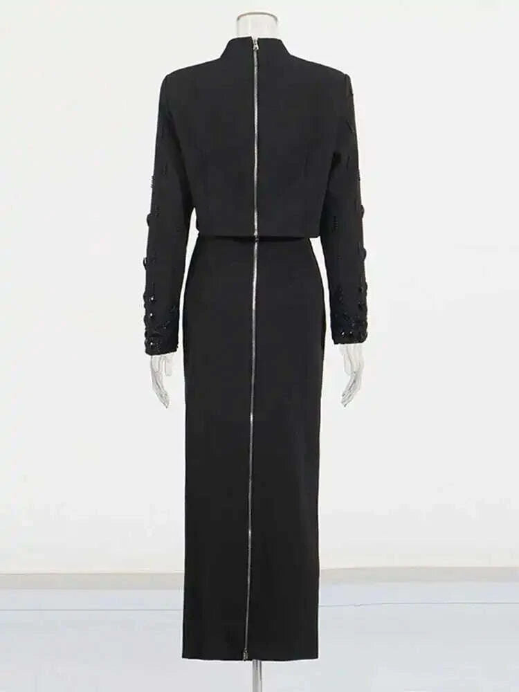 KIMLUD, TWOTWINSTYLE Solid Spliced Diamonds Two Piece Set For Women Stand Collar Long Sleeve Tops High Waist A Line Skirt Set Female New, KIMLUD Womens Clothes