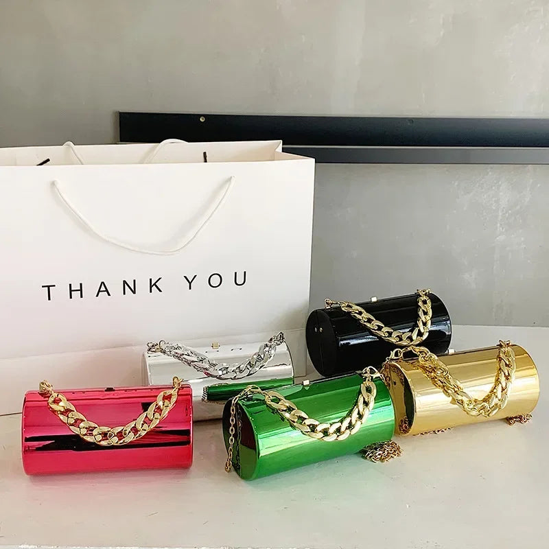 Metallic Cylinder Mini Box Clutch Purse — Gold | KIMLUD