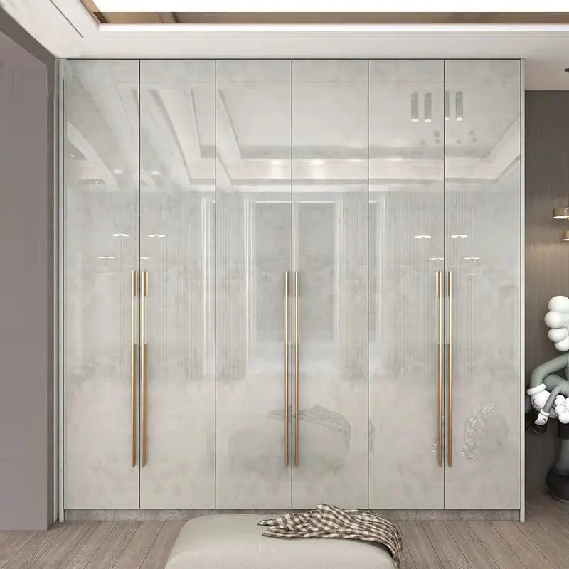 Glass Door Modern Wardrobe With Ample Storage And Brass Hardware — Pale Gray | KIMLUD
