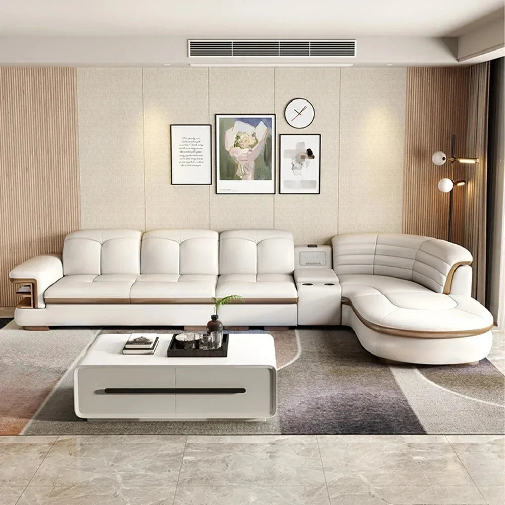 Genuine Leather Solid L-Shaped Sofa — Black | KIMLUD