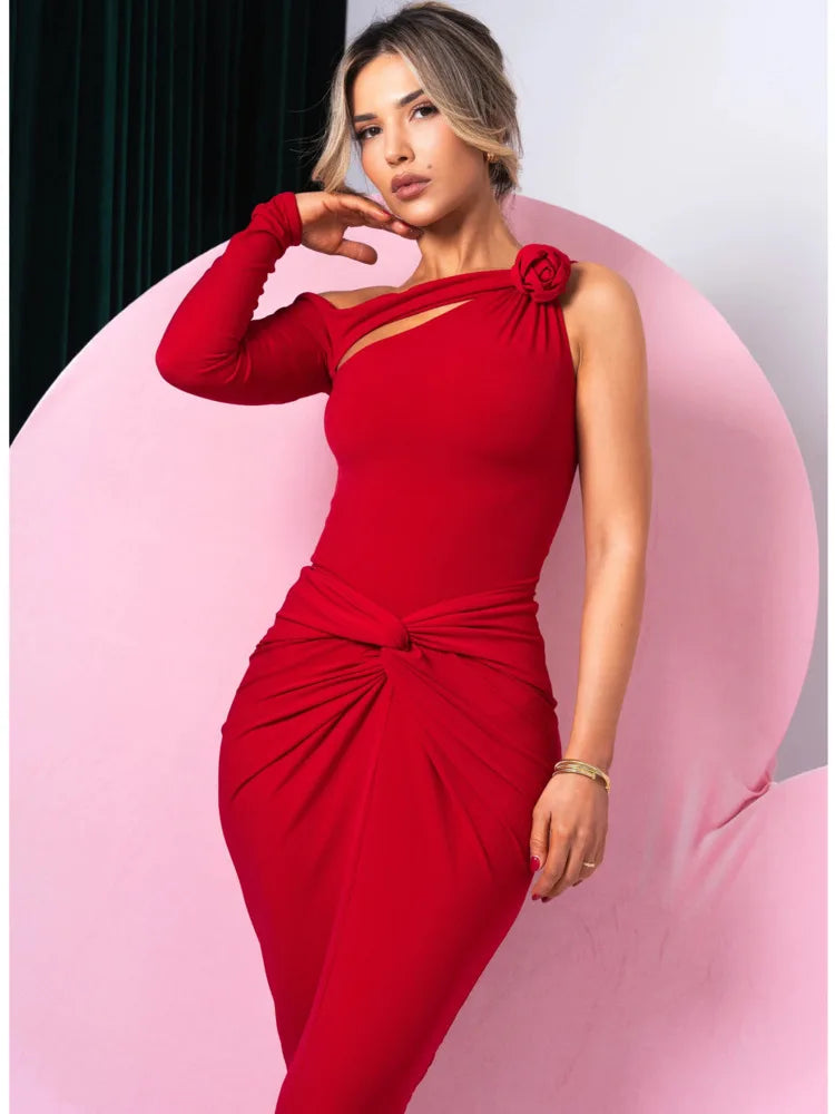 Articat Elegant Single Sleeve Irregular Hollow Out Bodycon Party Club Evening Dress Women Sexy Fold Spring/Summer New Vestido