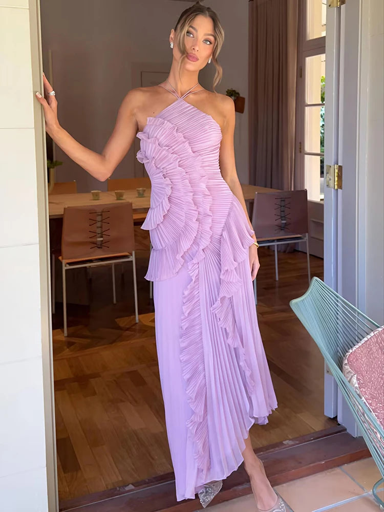 Mozision Elegant Off-shoulder Ruffle Sexy Maxi Dress Women Fashion Halter Sleeveless Backless Draped Pleated Club Party Dress