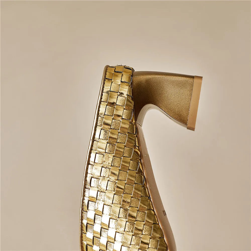 Metallic Cow Leather Slip-On Heels — Gold | KIMLUD