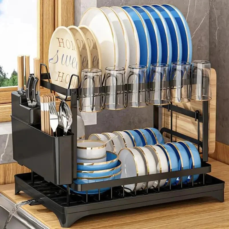 Dish Drying Rack – 2-Tier With Drip Tray – Carbon Steel | KIMLUD
