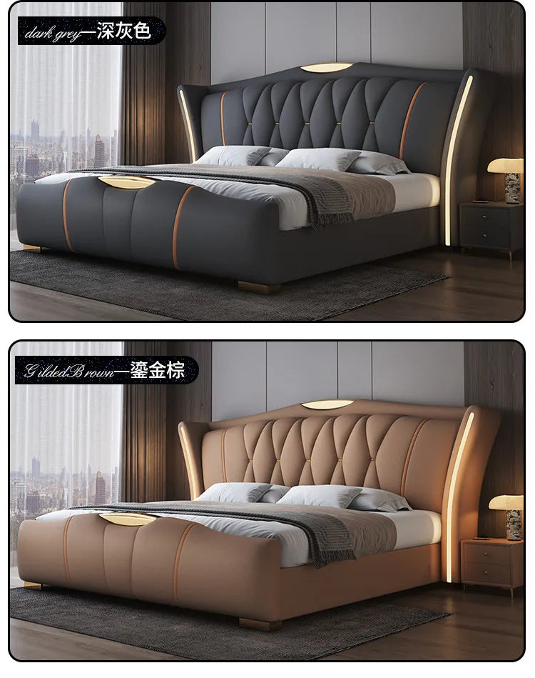 Leather Bed Frame With Lit Headboard — Ivory-Beige | KIMLUD