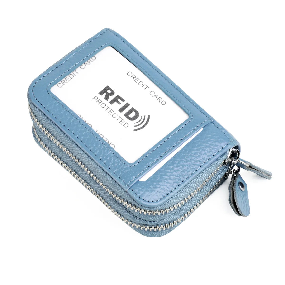 Genuine Leather Wallets RFID Blocking Double Zipper — Black | KIMLUD