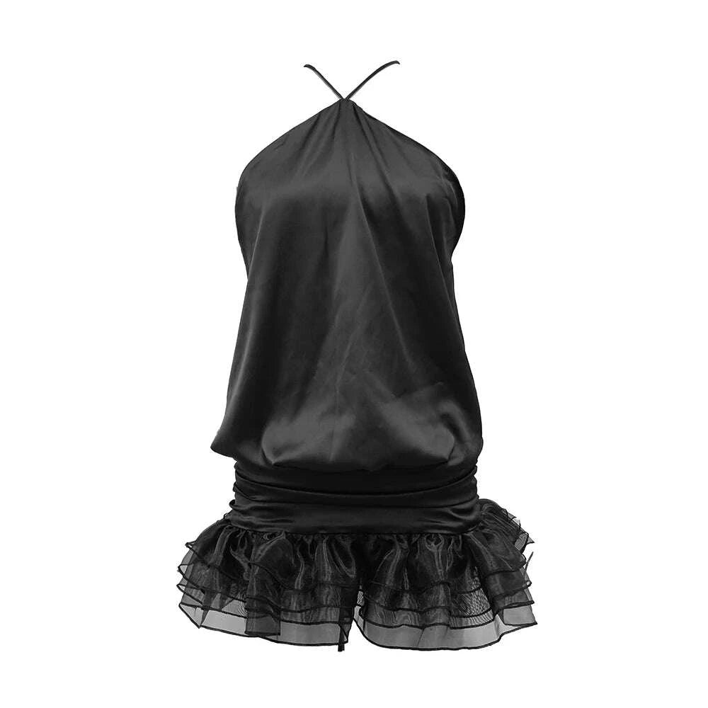 KIMLUD, VC Edgy Black Halter Sleeveless Mini Dress Gown with Open Back for Trendy Parties, KIMLUD Womens Clothes