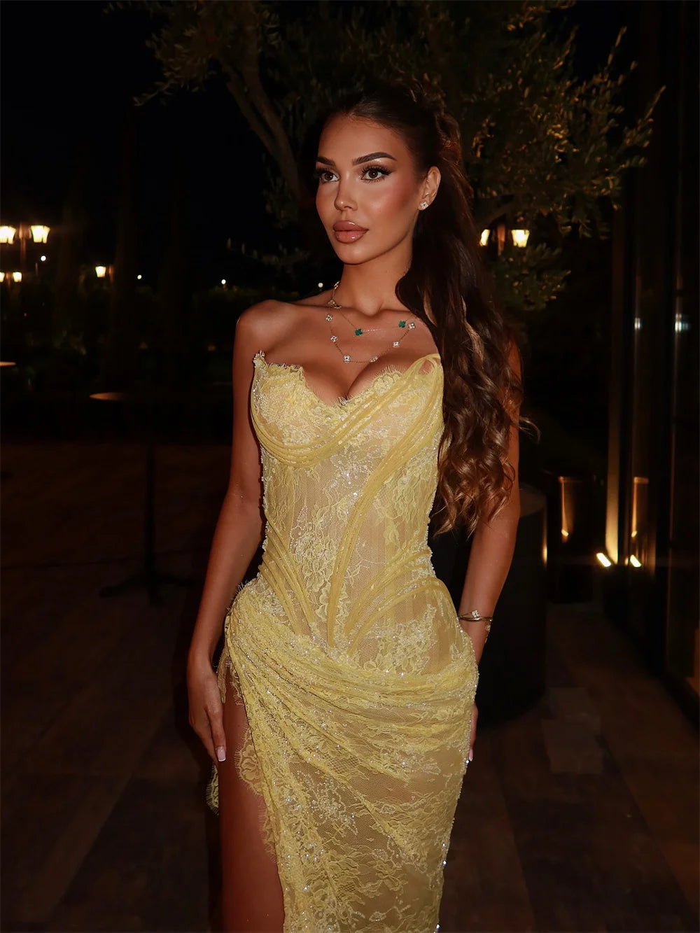 Cathy Customized Yellow Mermaid Lace Embroidery Prom Dresses Sequins Sleeveless vestidos de noiva Side High Split Formal Evening