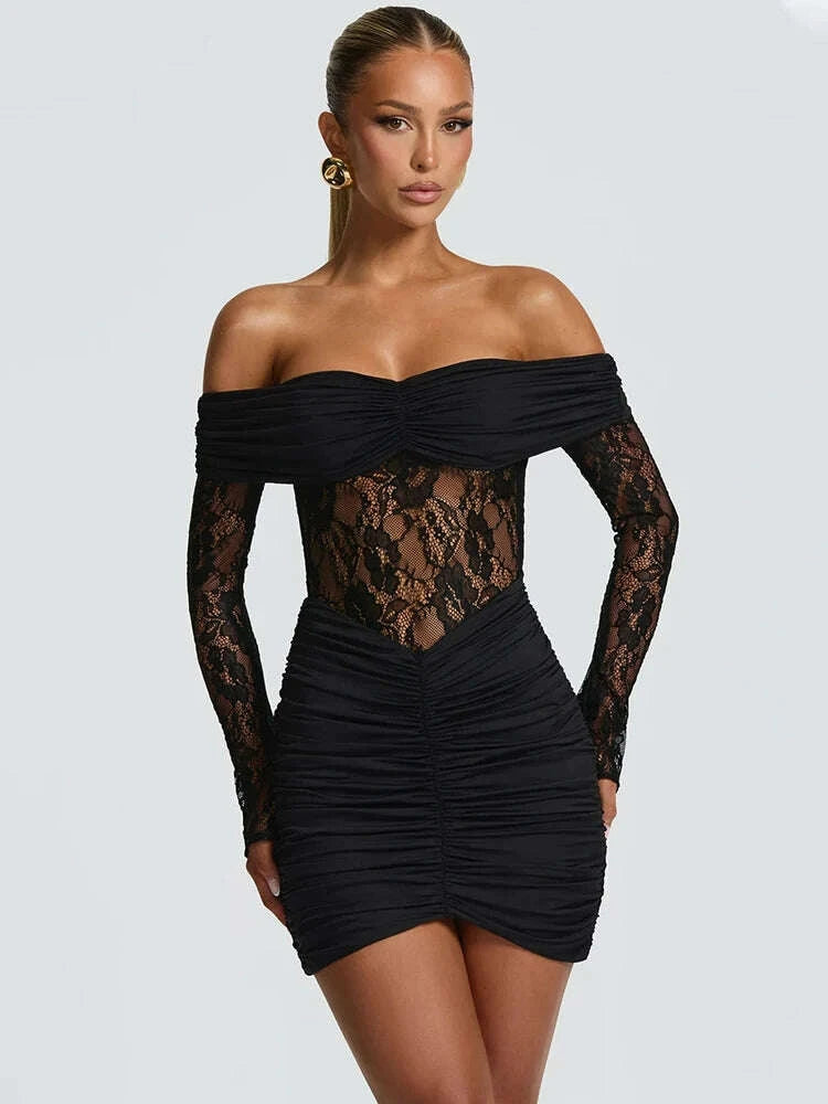 KIMLUD, Mozision Off-shoulder Strapless Backless Sexy Mini Dress Women Gown Elegant Lace See Through Long Sleeve Ruched Club Party Dress, KIMLUD Womens Clothes