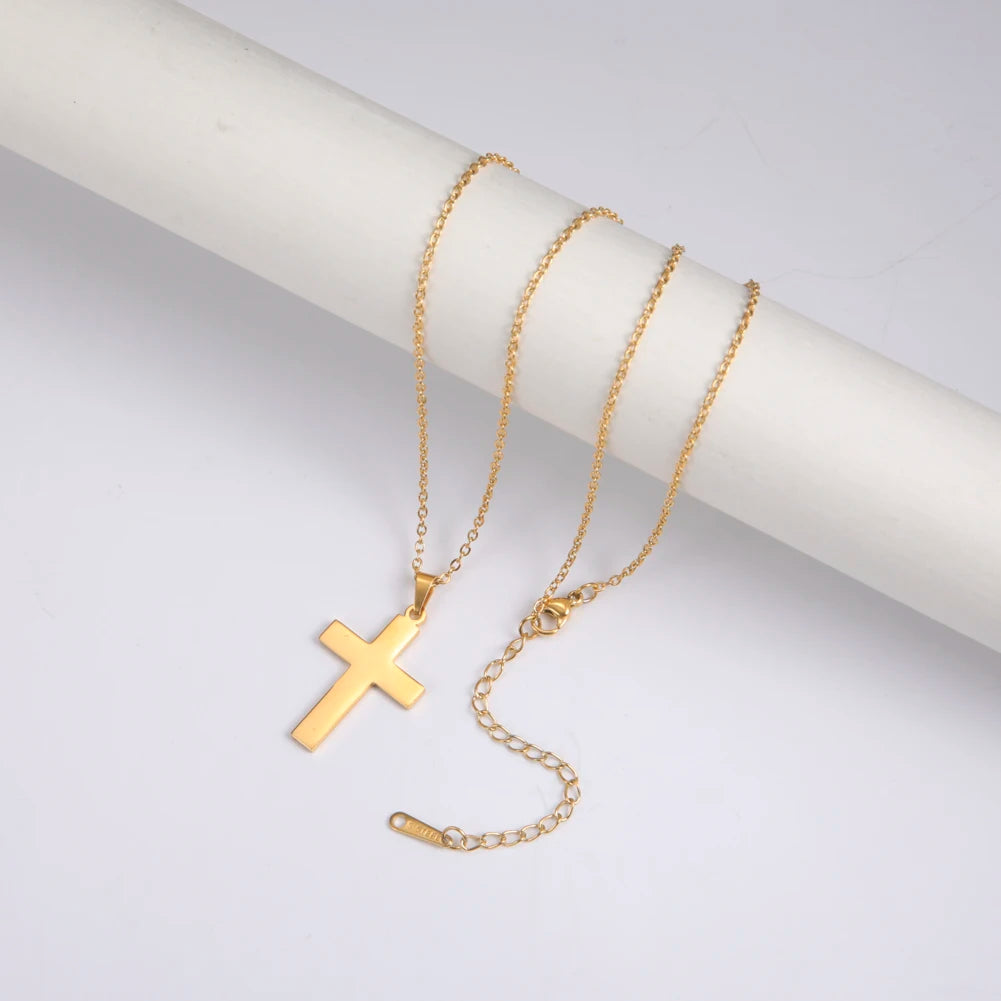 Gold-Tone Stainless Steel Cross Pendant Choker Necklace — Gold | KIMLUD