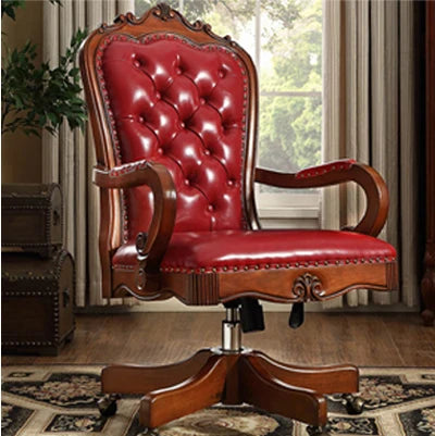 12American Genuine Leather Retro Carved Solid Wood Swivel Chair Office Chair Lift