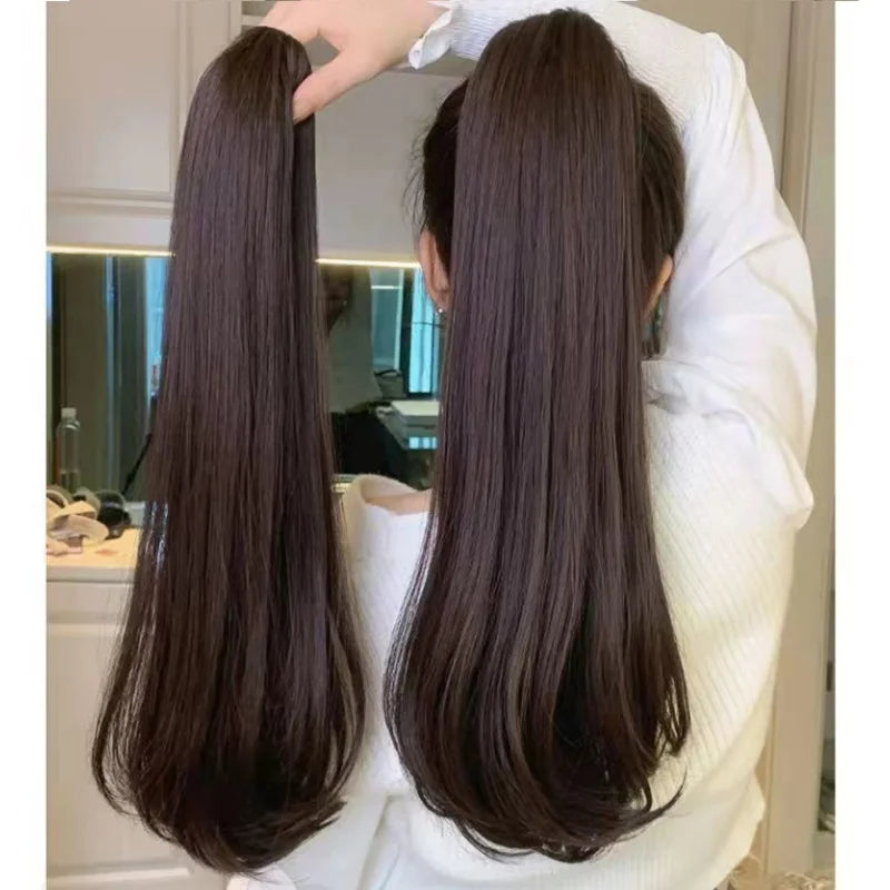 Clip-In Ponytail Extension – 40/50cm Length – High Temperature Fiber – Black Brown | KIMLUD