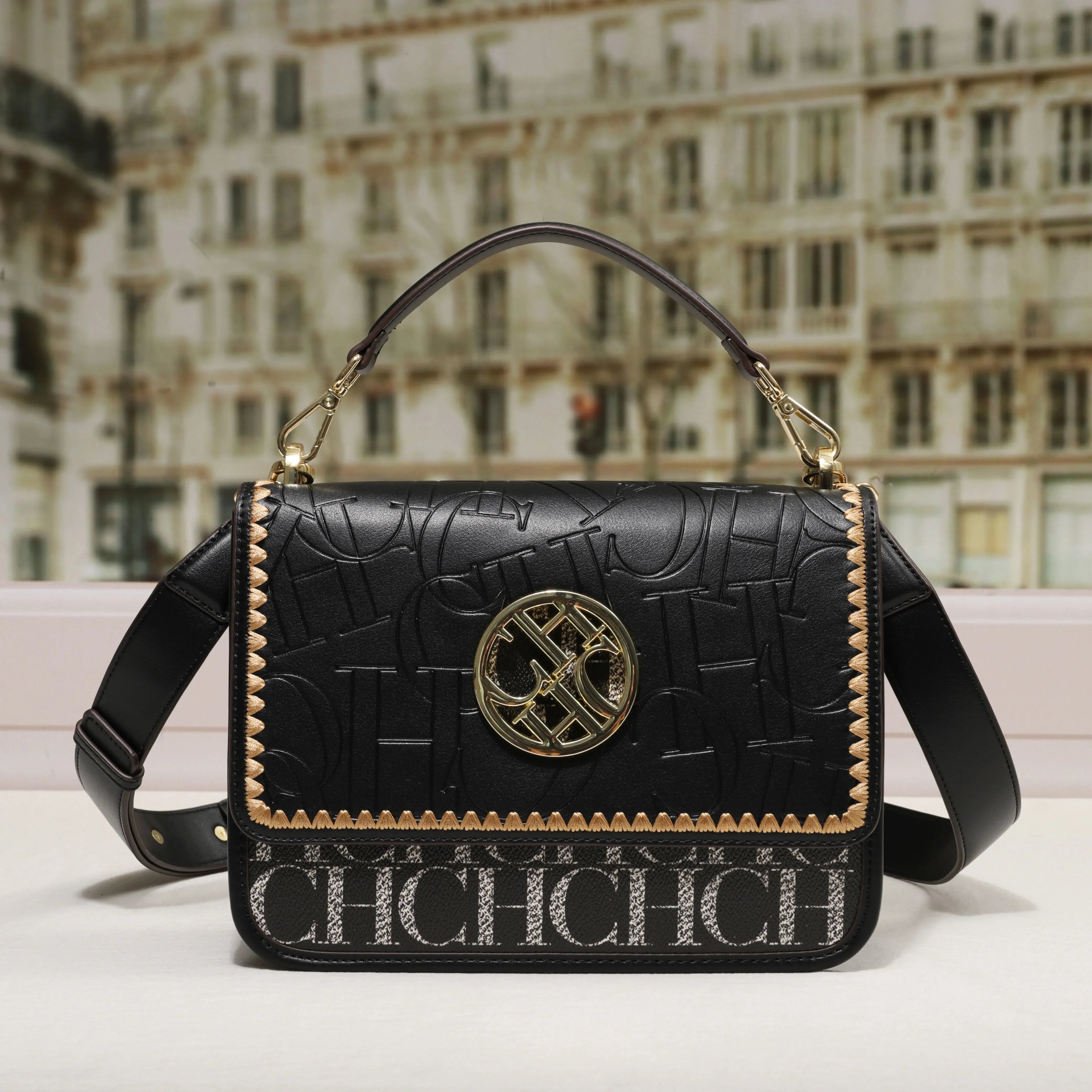 Letter-Embossed PVC Shoulder Bag Gold Medallion — Black | KIMLUD