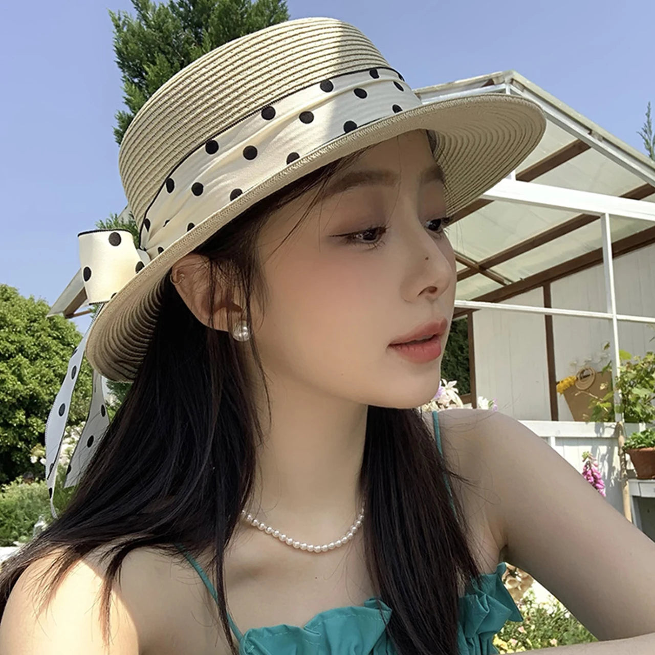 Fashion Straw Hat for Women Dot Ribbon Pearl Summer Wide Brim Sunshade Dome Basin Hats Franch Lady Elegant Travel Beach Sun Cap